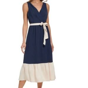 DKNY size 10 long Navy and tan beige nautical classic Sleeveless Dress